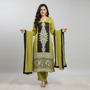 Women's Pakistani Indian 3-Piece Embroidered Kameez Salwar, Green/Black, S